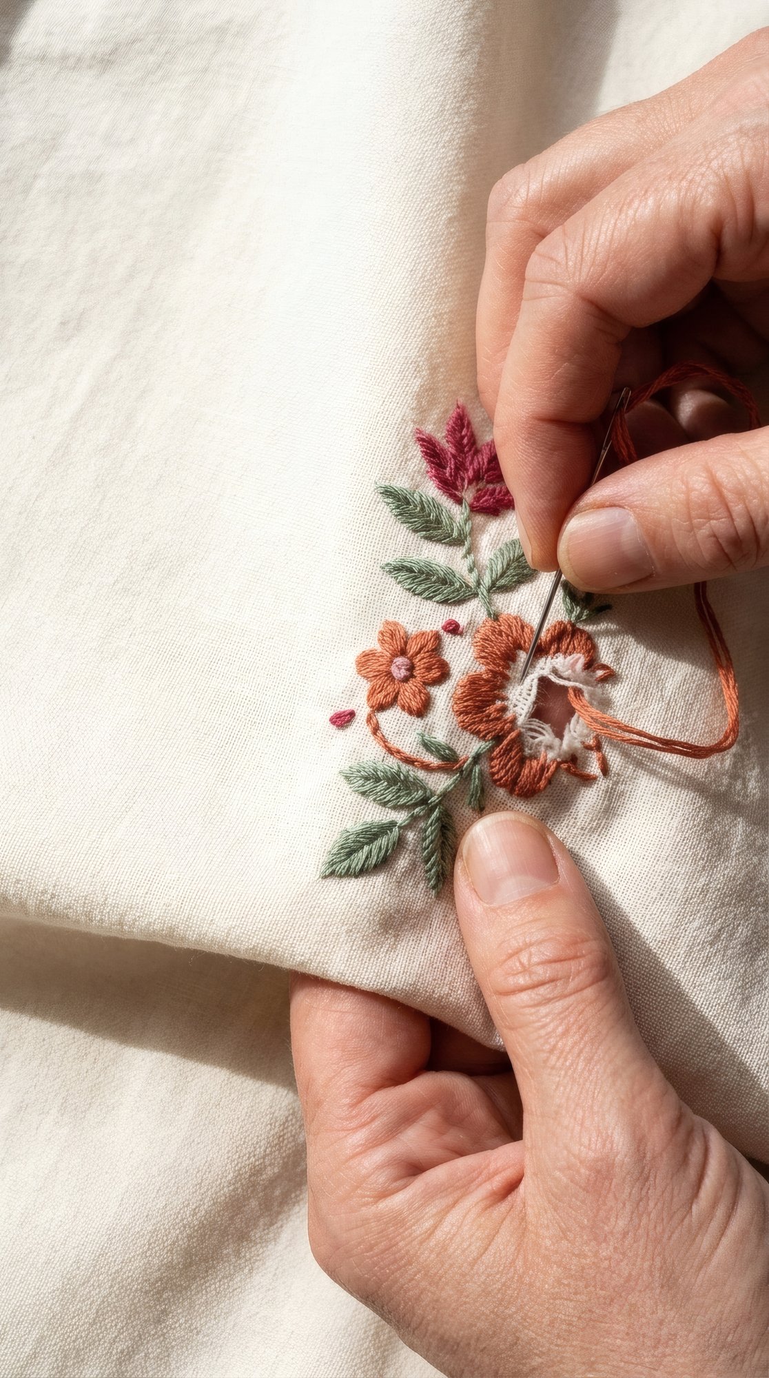 Mano che ricama un fiore su tela di lino
